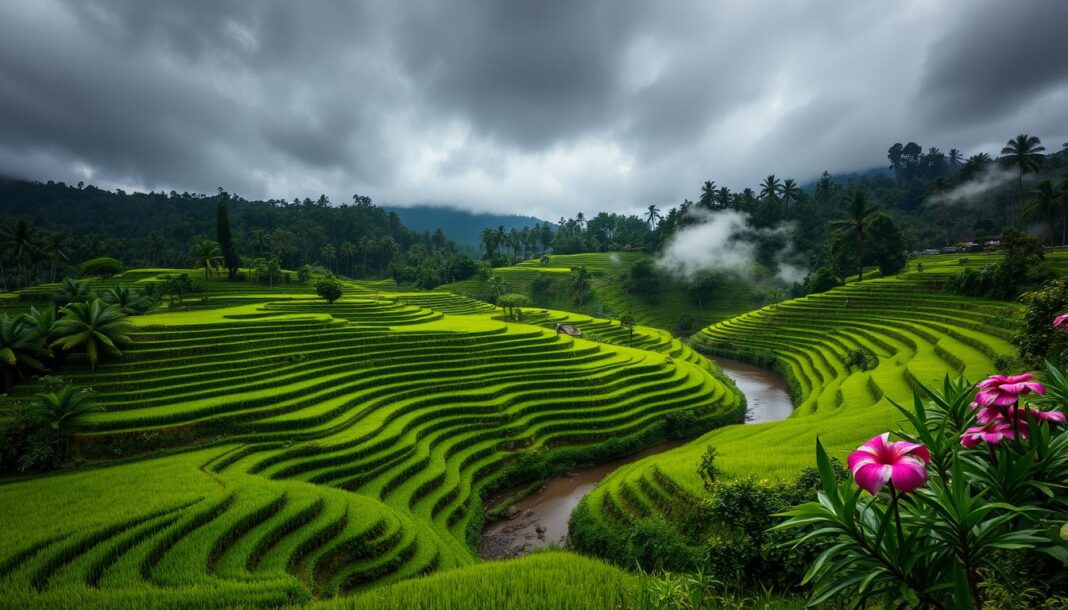 Pemandangan sawah hijau di Ubud saat monsoon season atau musim hujan di Bali