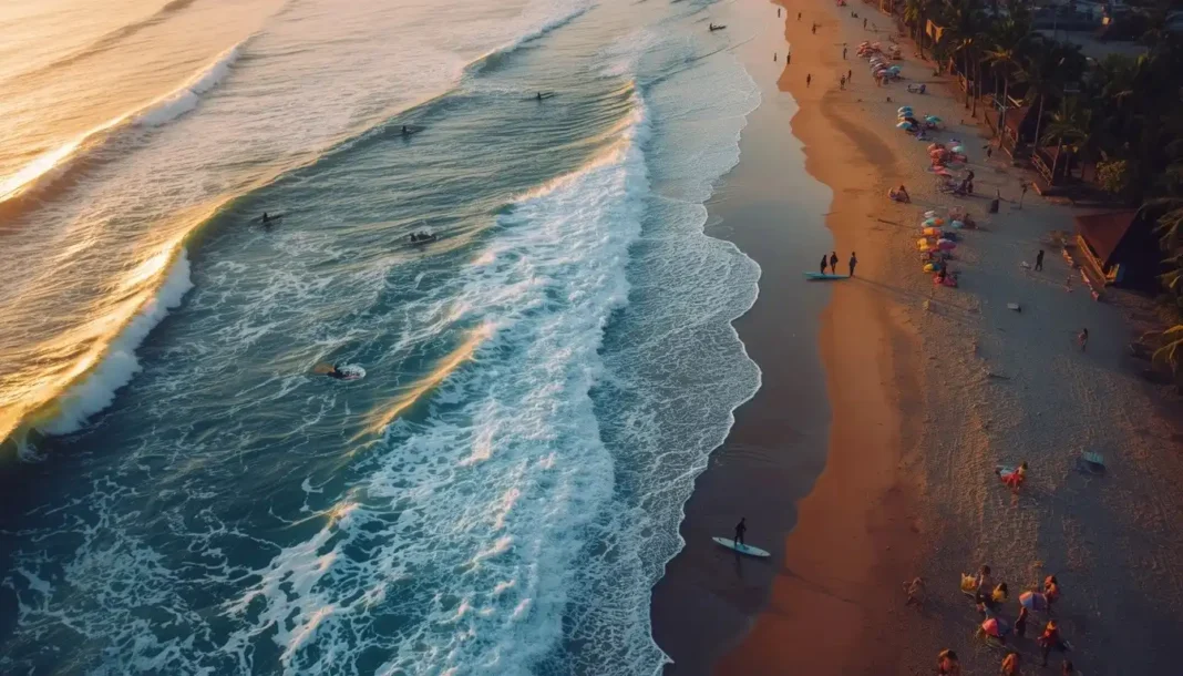 Kuta Beach Bali with surfers and visitors enjoying the sunset.