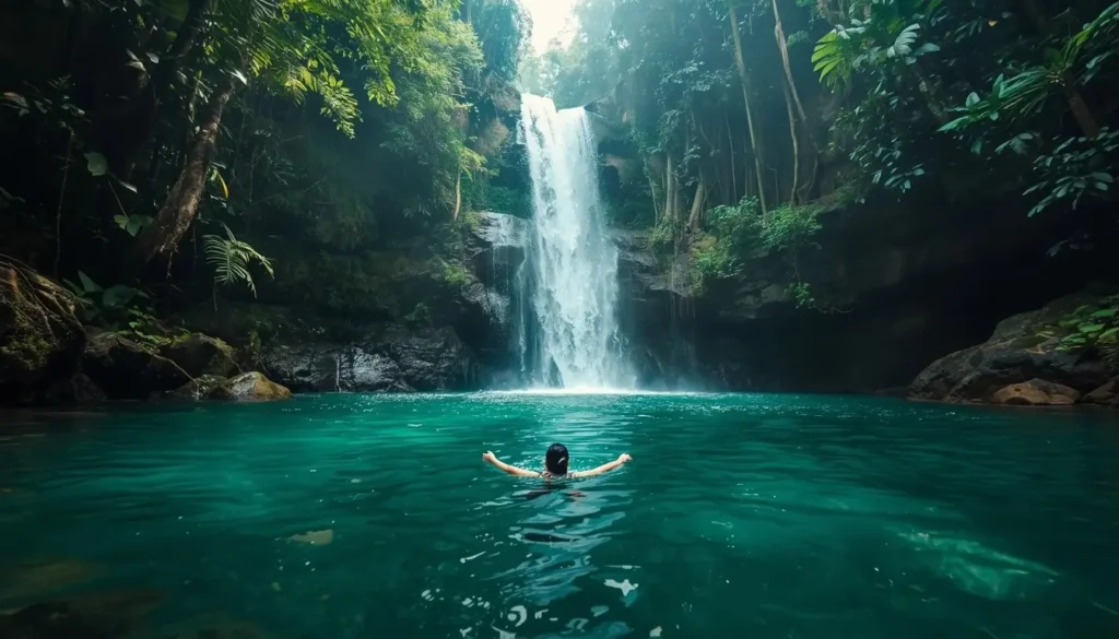 Best Ubud waterfall for swimming with a natural pool surrounded by lush rainforest.