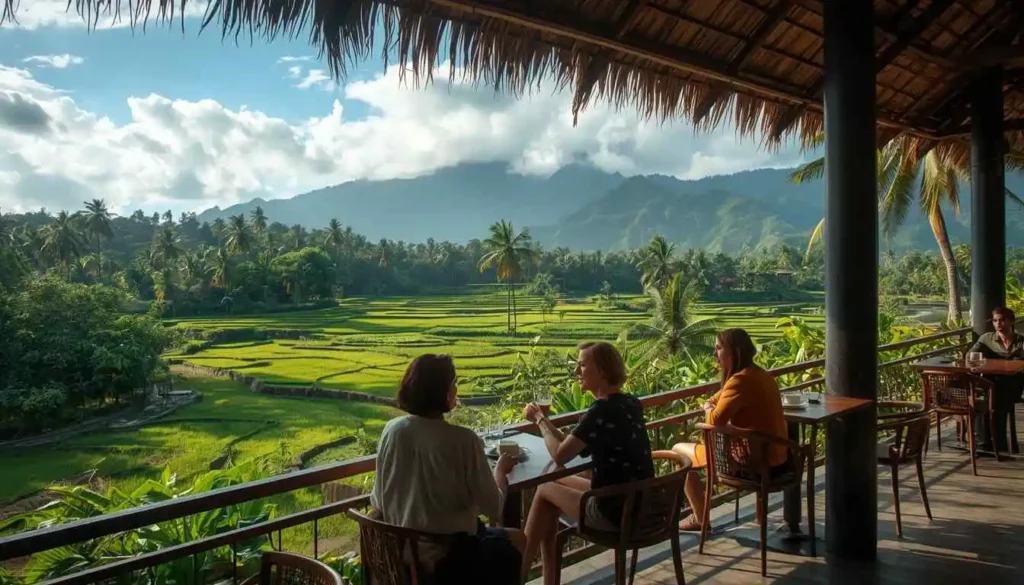 cafe di bali dengan view sawah dan pegunungan yang instagramable