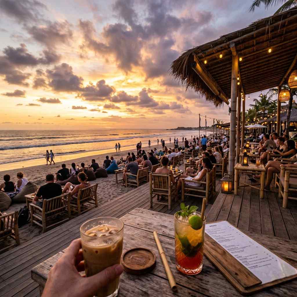 Pengunjung menikmati sunset di cafe dekat pantai Bali dengan pemandangan laut terbuka.