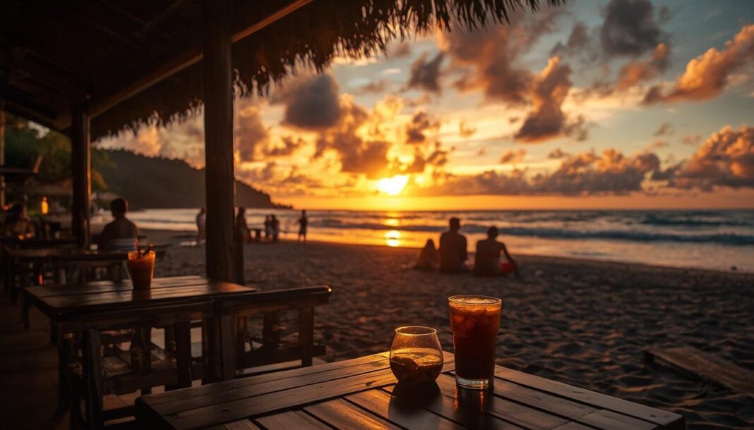 Cafe pinggir pantai di Bali dengan pemandangan sunset dan suasana santai di tepi laut.