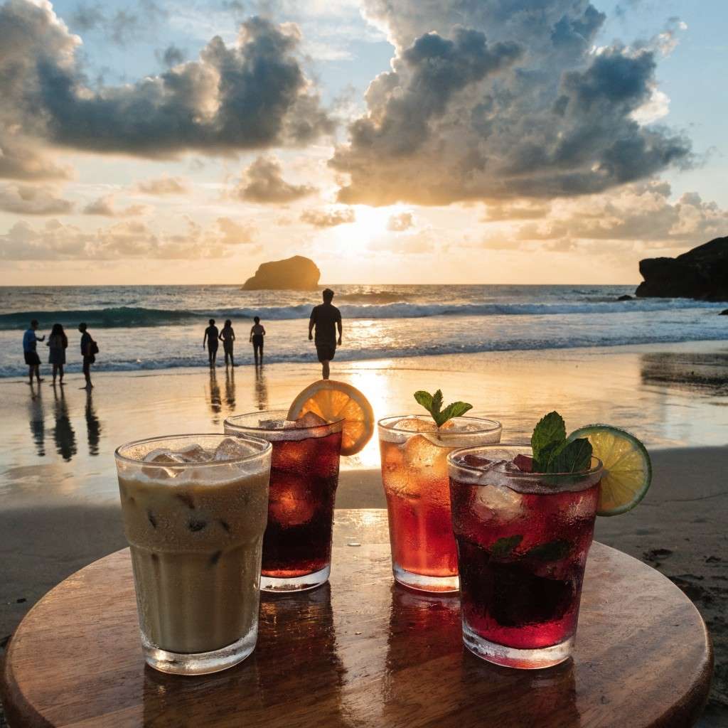 Minuman segar di cafe pinggir pantai Bali dengan latar sunset dan pemandangan laut.