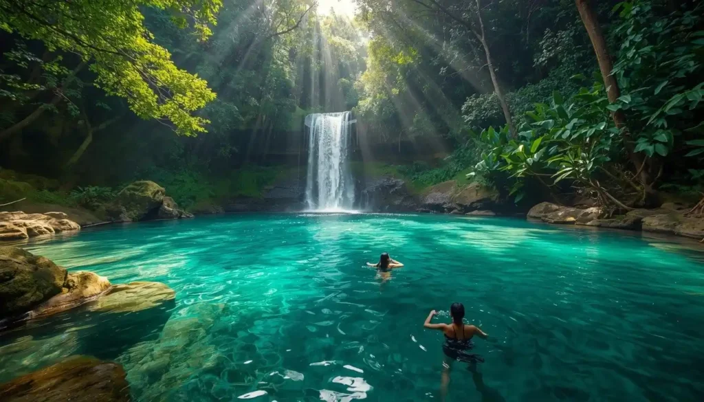 Traveler swimming at a waterfall near Ubud Bali.