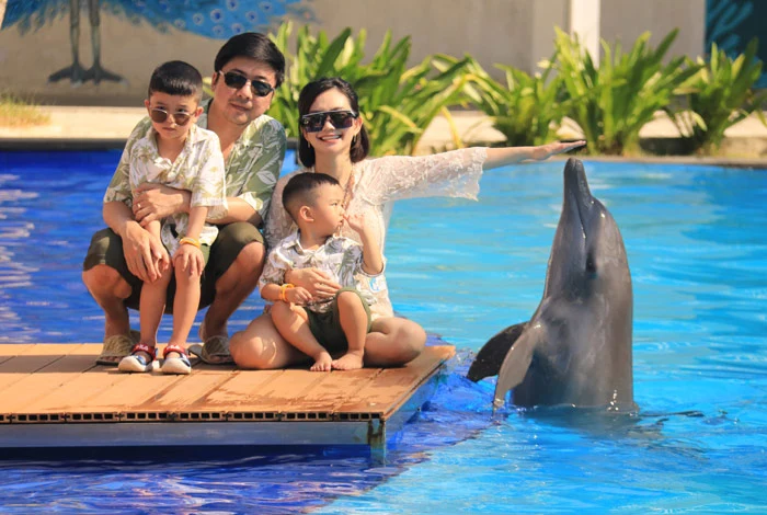 Keluarga berinteraksi langsung dengan lumba-lumba saat bali dolphin interaction
